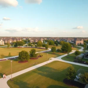 A picturesque neighborhood in Pearland and League City, Texas, featuring homes and green spaces.