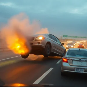 A vehicle being towed dangerously on a highway