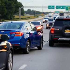 A blue sedan being awkwardly towed on a Houston freeway