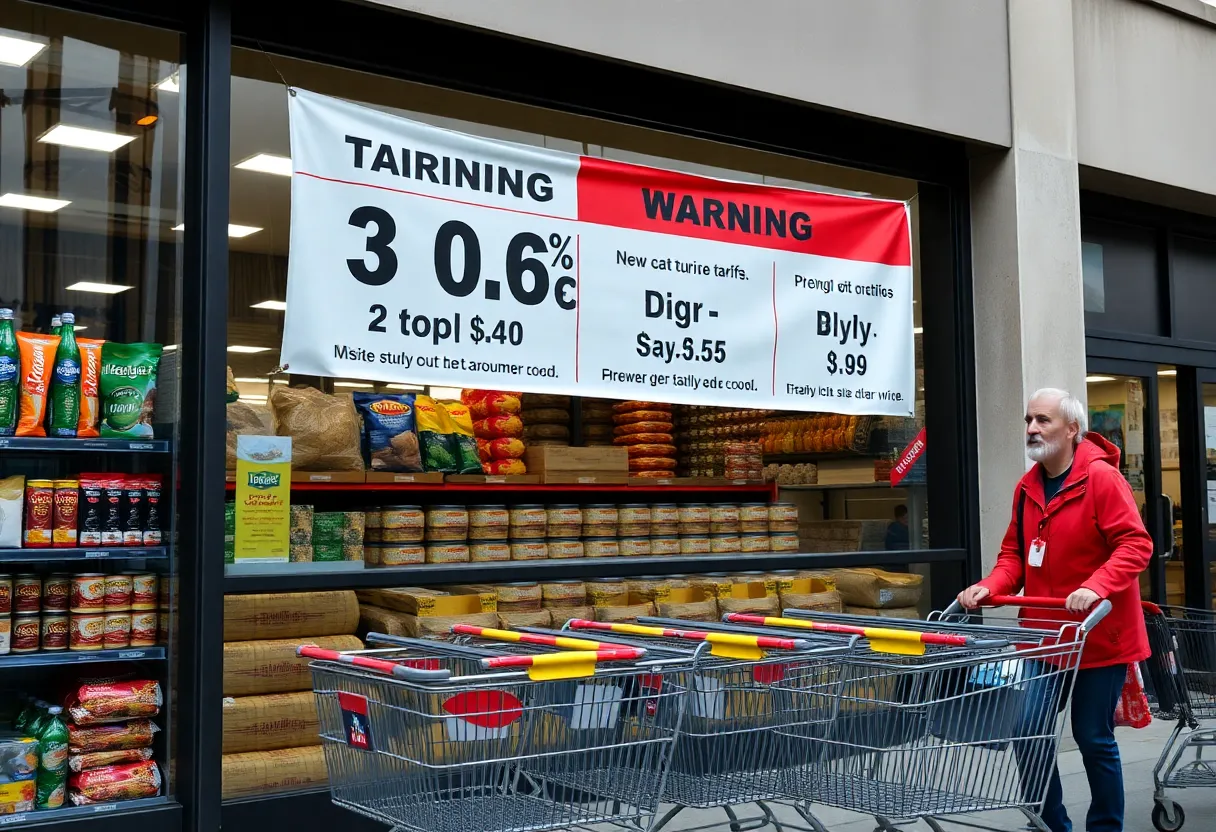 Retail store front with price warning banners due to tariffs