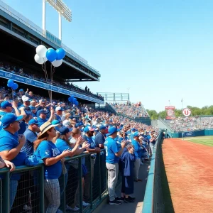 Fans celebrating senior baseball players at the University of Houston stadium.