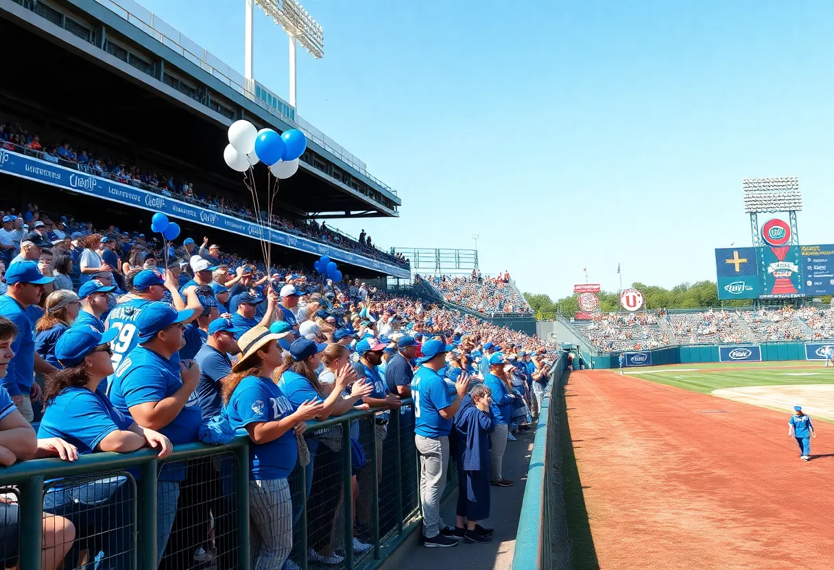 Fans celebrating senior baseball players at the University of Houston stadium.