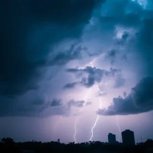 Dark storm clouds over Houston indicating severe weather