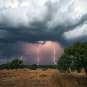 Dramatic storm clouds over Texas landscape