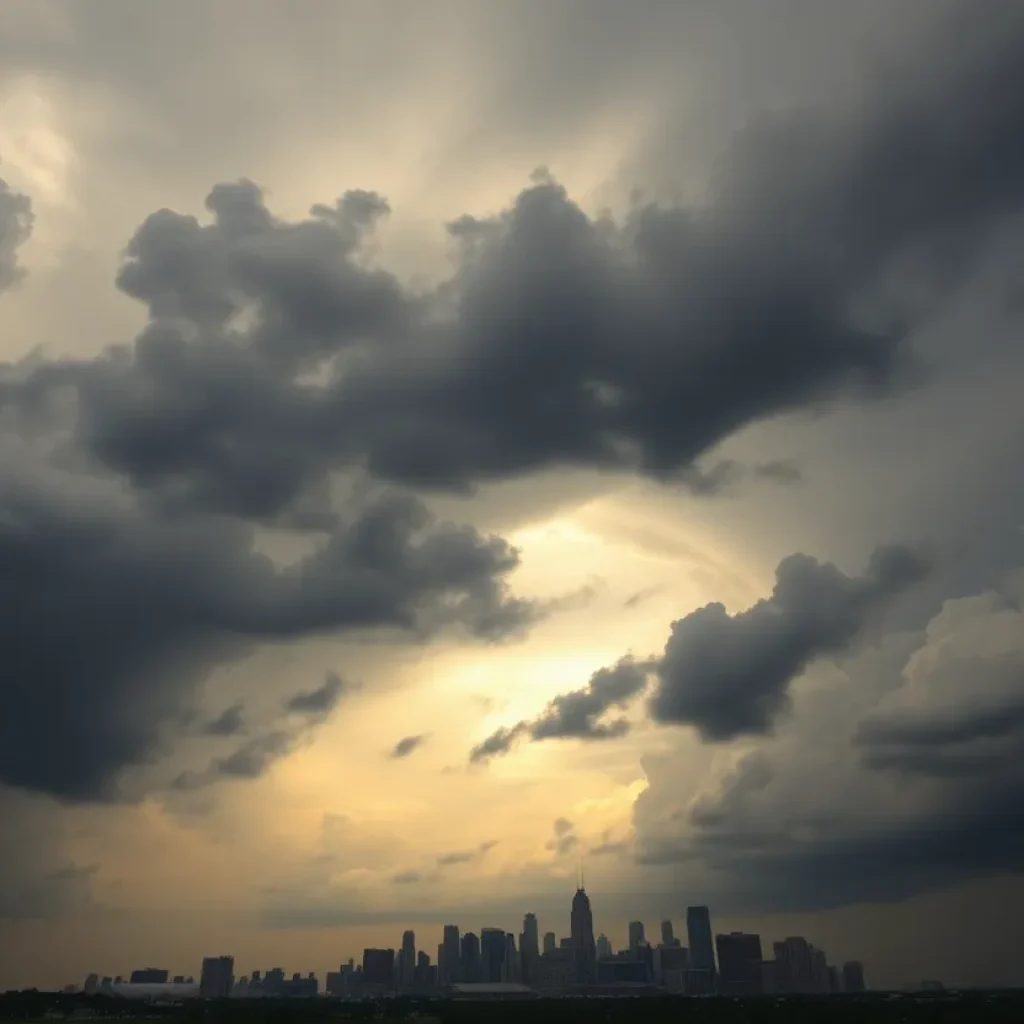 Dramatic clouds over the Houston skyline indicating severe weather
