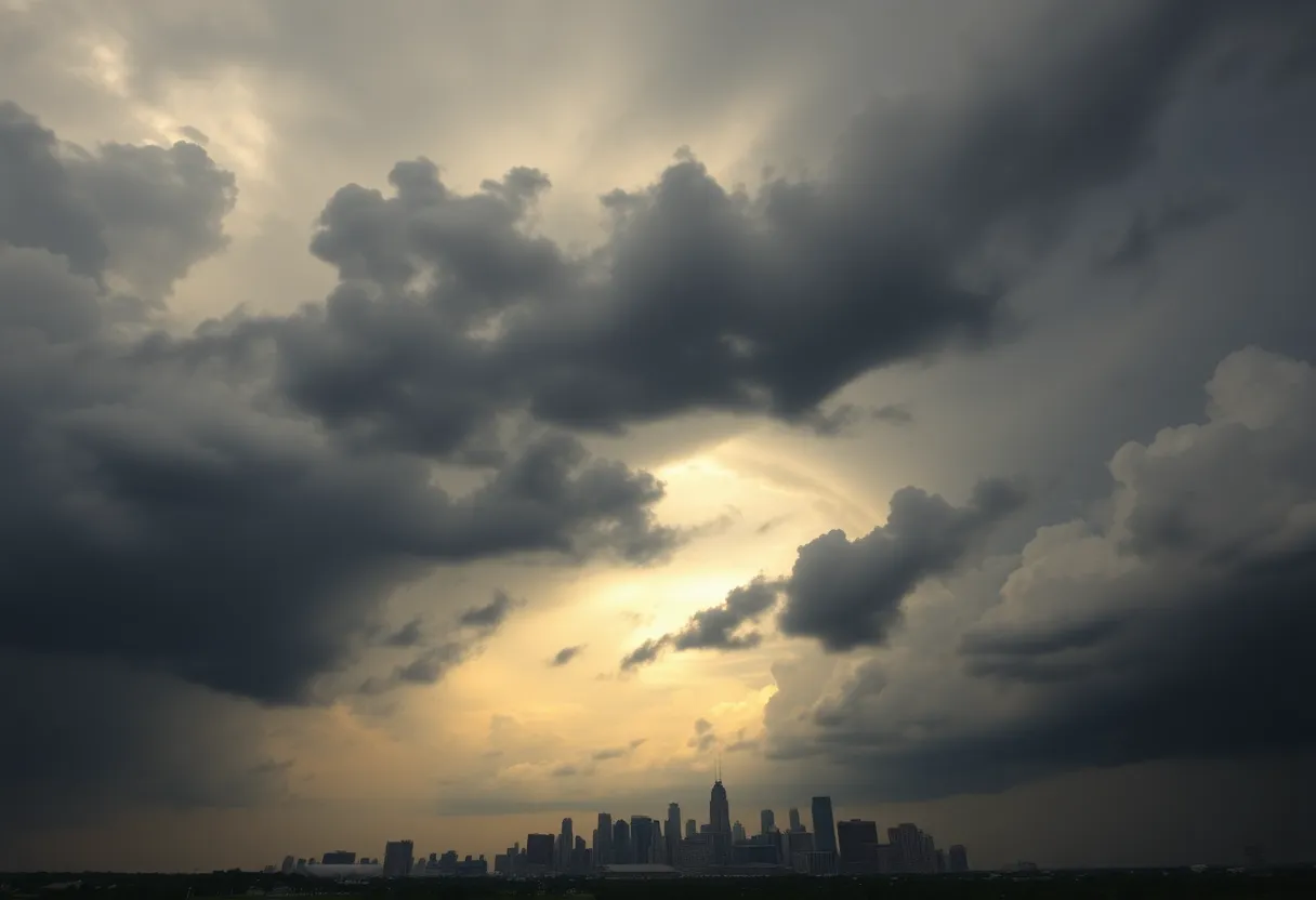 Dramatic clouds over the Houston skyline indicating severe weather