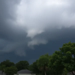 Dramatic clouds in the sky over Houston signaling a tornado watch.