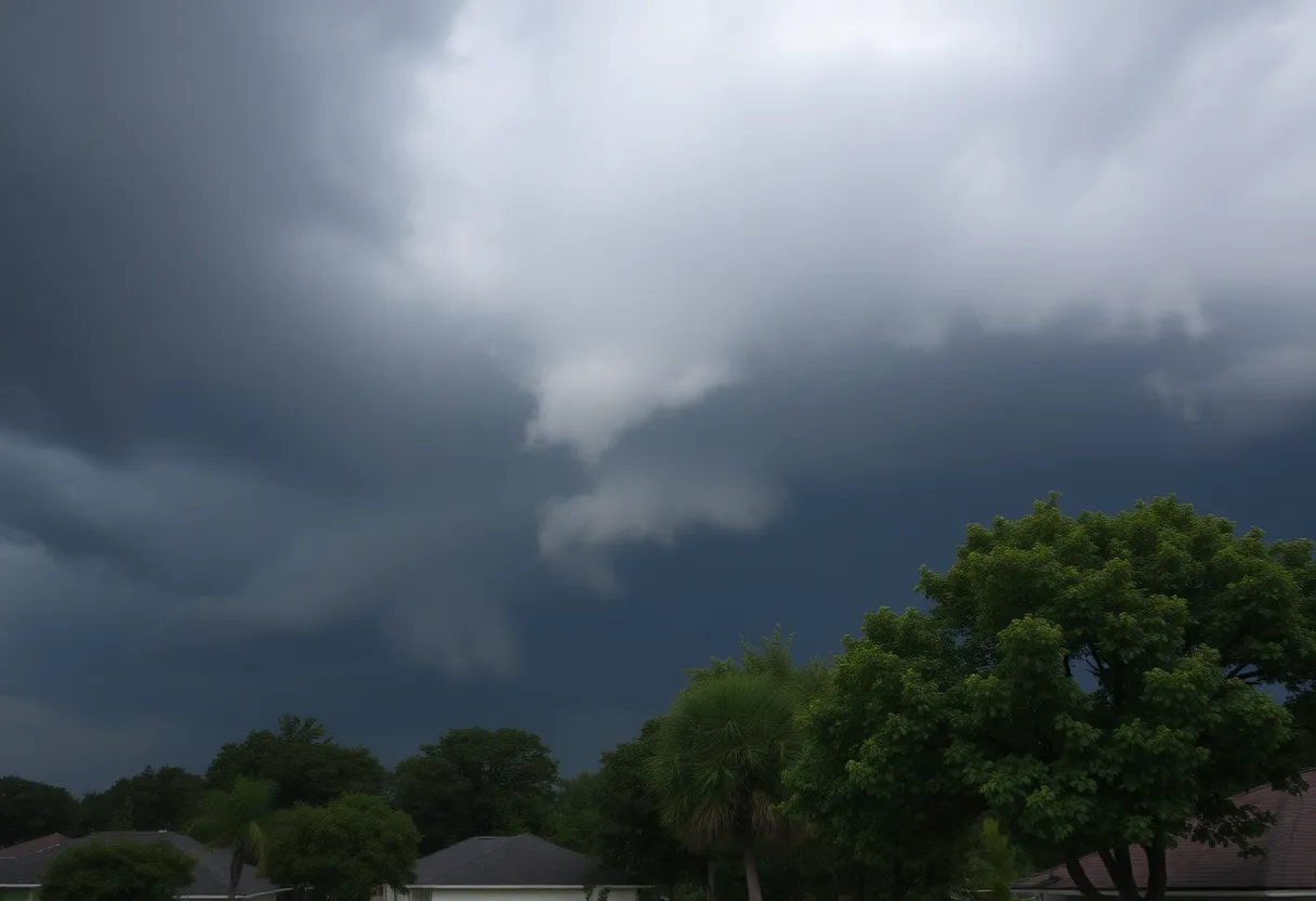 Dramatic clouds in the sky over Houston signaling a tornado watch.