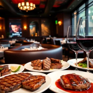 An array of beautifully plated steak dishes in an upscale restaurant environment.