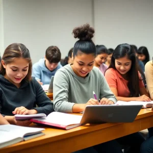 Diverse students studying in a classroom for SAT preparation