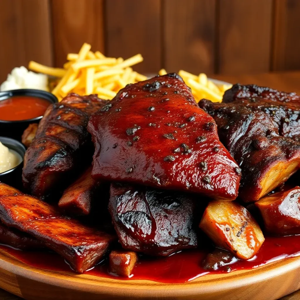 A platter of barbecue meats and sides representing Texas barbecue culture.