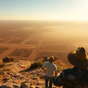 A scene depicting the extreme heat wave in Texas with sun-drenched landscapes and people in the shade.