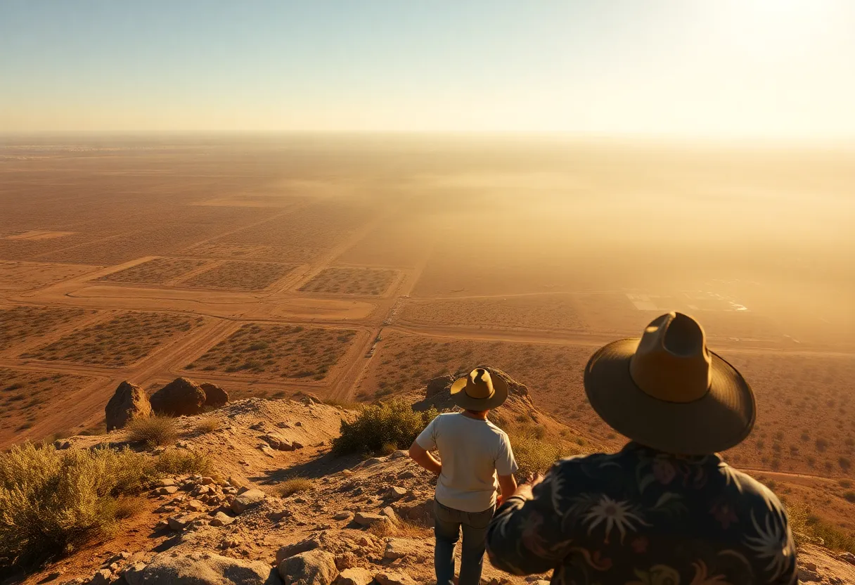 A scene depicting the extreme heat wave in Texas with sun-drenched landscapes and people in the shade.
