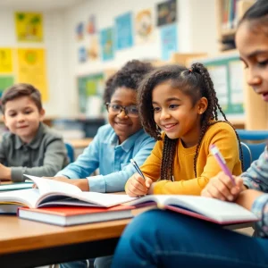 Classroom of diverse students enjoying private education