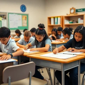 Students in a private school classroom participating in the STAAR test.