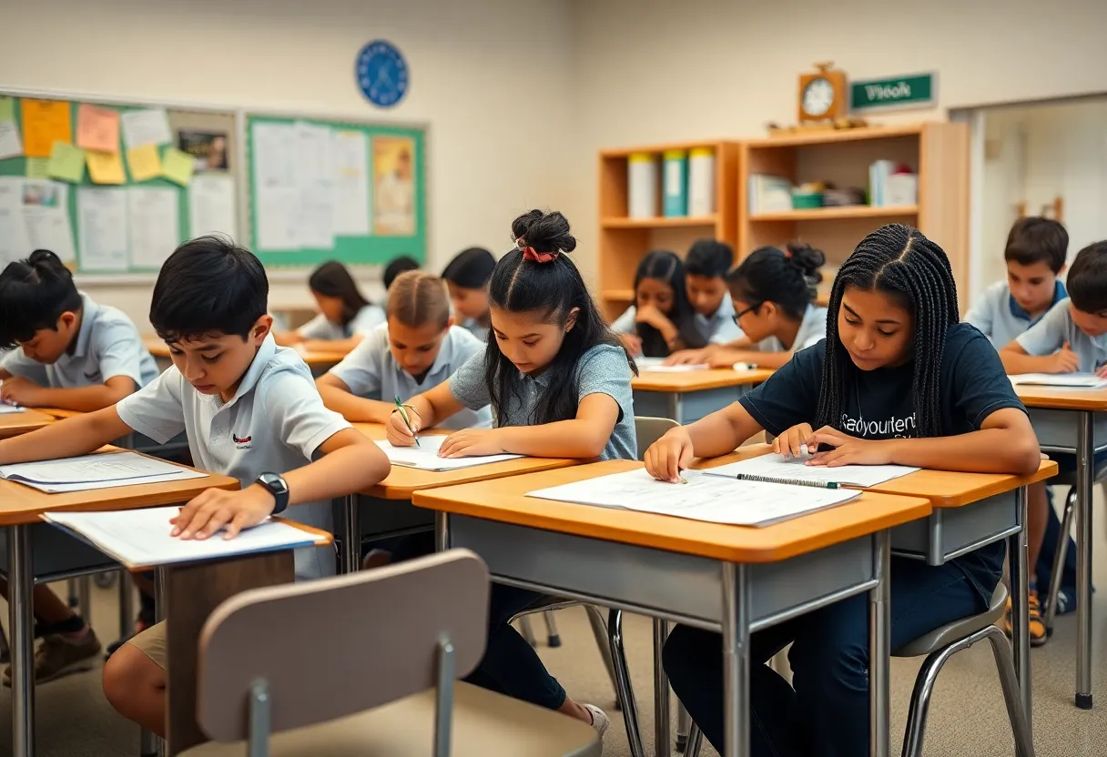 Students in a private school classroom participating in the STAAR test.
