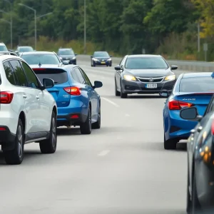 A white SUV towing a blue sedan with a chain on a Houston highway