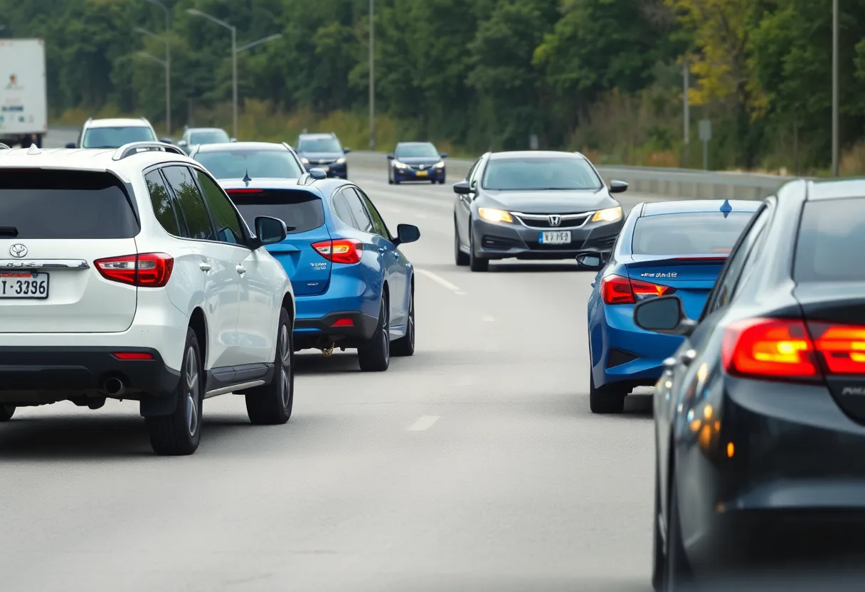 A white SUV towing a blue sedan with a chain on a Houston highway
