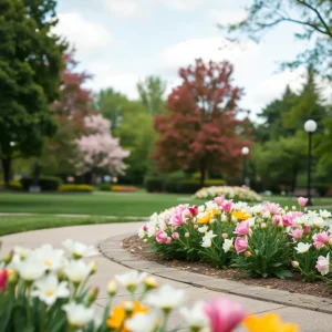 A serene park filled with blooming flowers, representing peace and remembrance.
