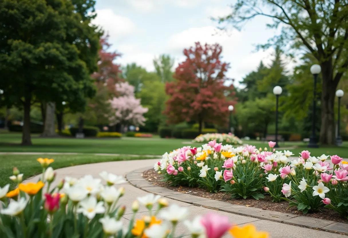A serene park filled with blooming flowers, representing peace and remembrance.