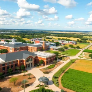 Photo of the University of Houston-Victoria campus showing academic buildings and green space.