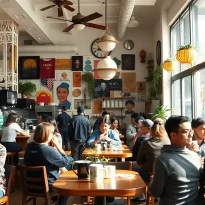 Interior of a unique coffee shop in Houston with diverse patrons