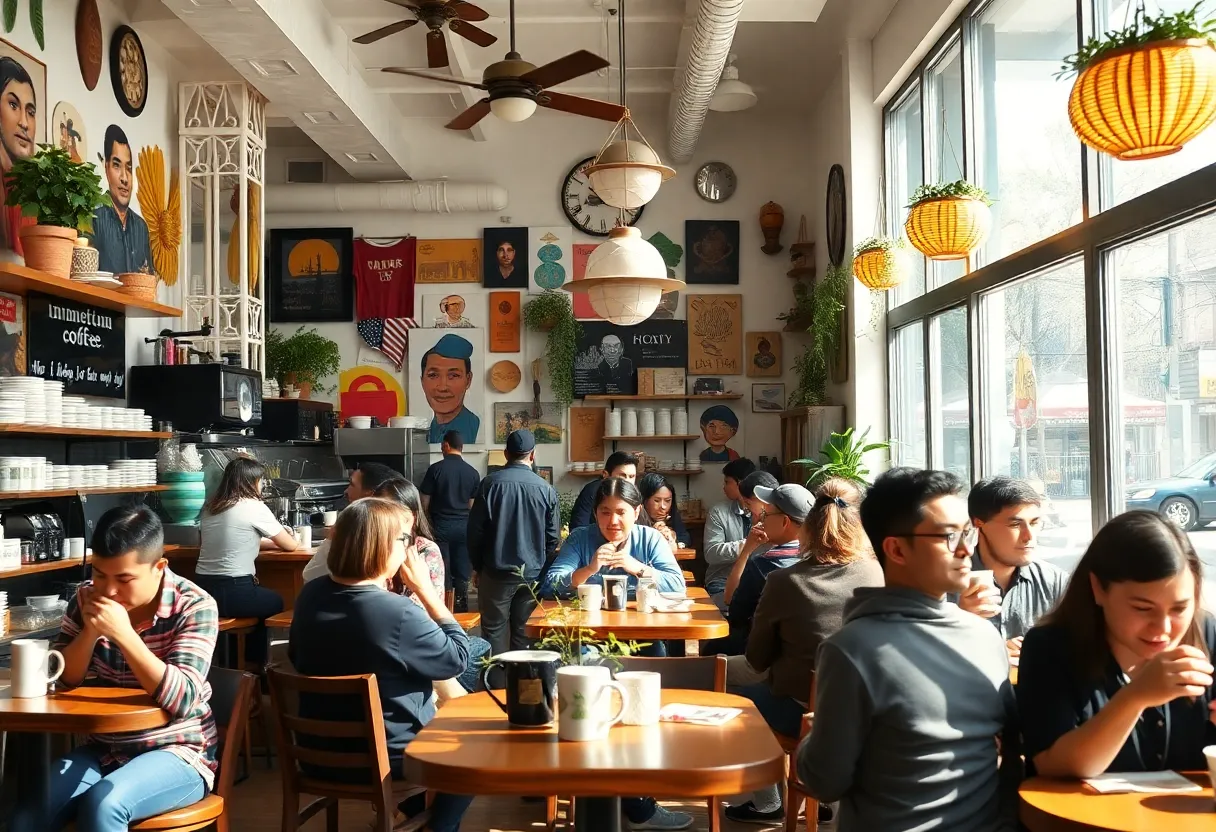 Interior of a unique coffee shop in Houston with diverse patrons