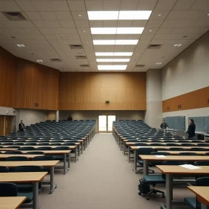Empty lecture hall at University of Houston reflecting funding challenges.