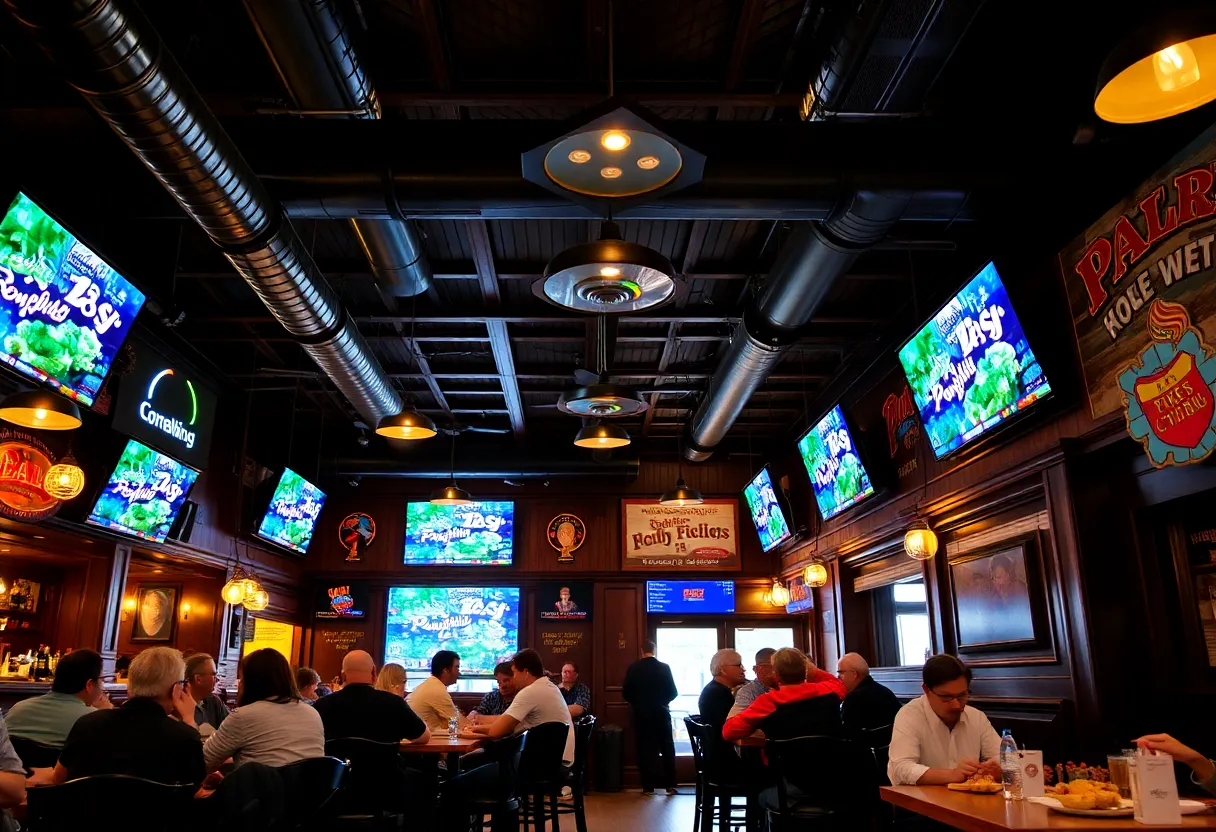 Interior of Wings Etc Grill in La Porte with patrons and decor
