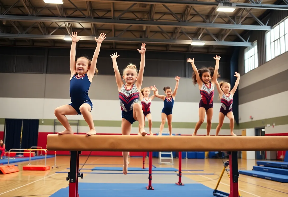 Young gymnasts training in a gymnasium