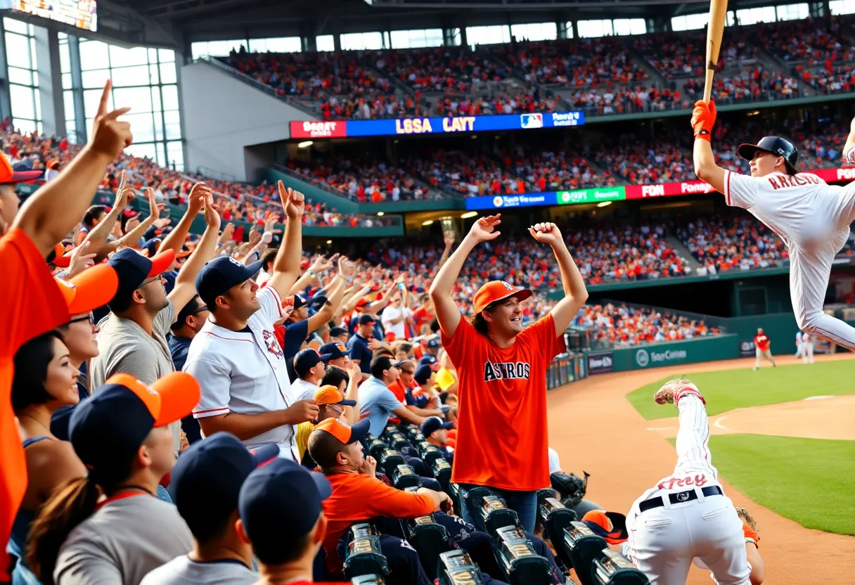 Houston Astros fans celebrate a game victory