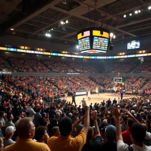 Fans cheering in a packed basketball arena during a game