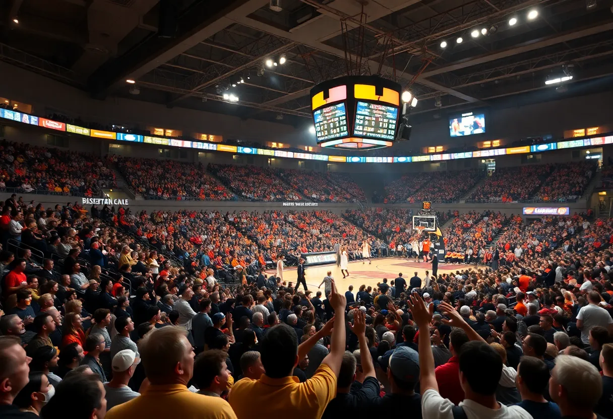 Fans cheering in a packed basketball arena during a game