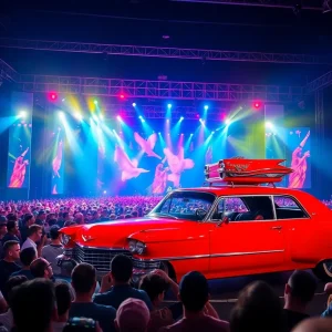 Vibrant concert scene with staging and crowd for a music performance.