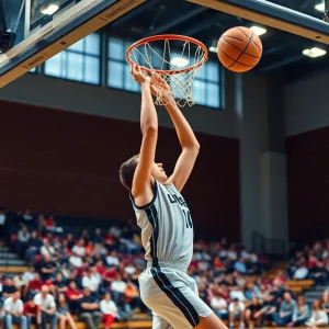 A young basketball player making a slam dunk during practice.