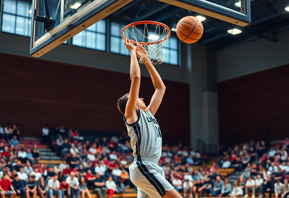 A young basketball player making a slam dunk during practice.