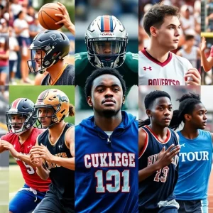 Collage of college athletes participating in various sports activities