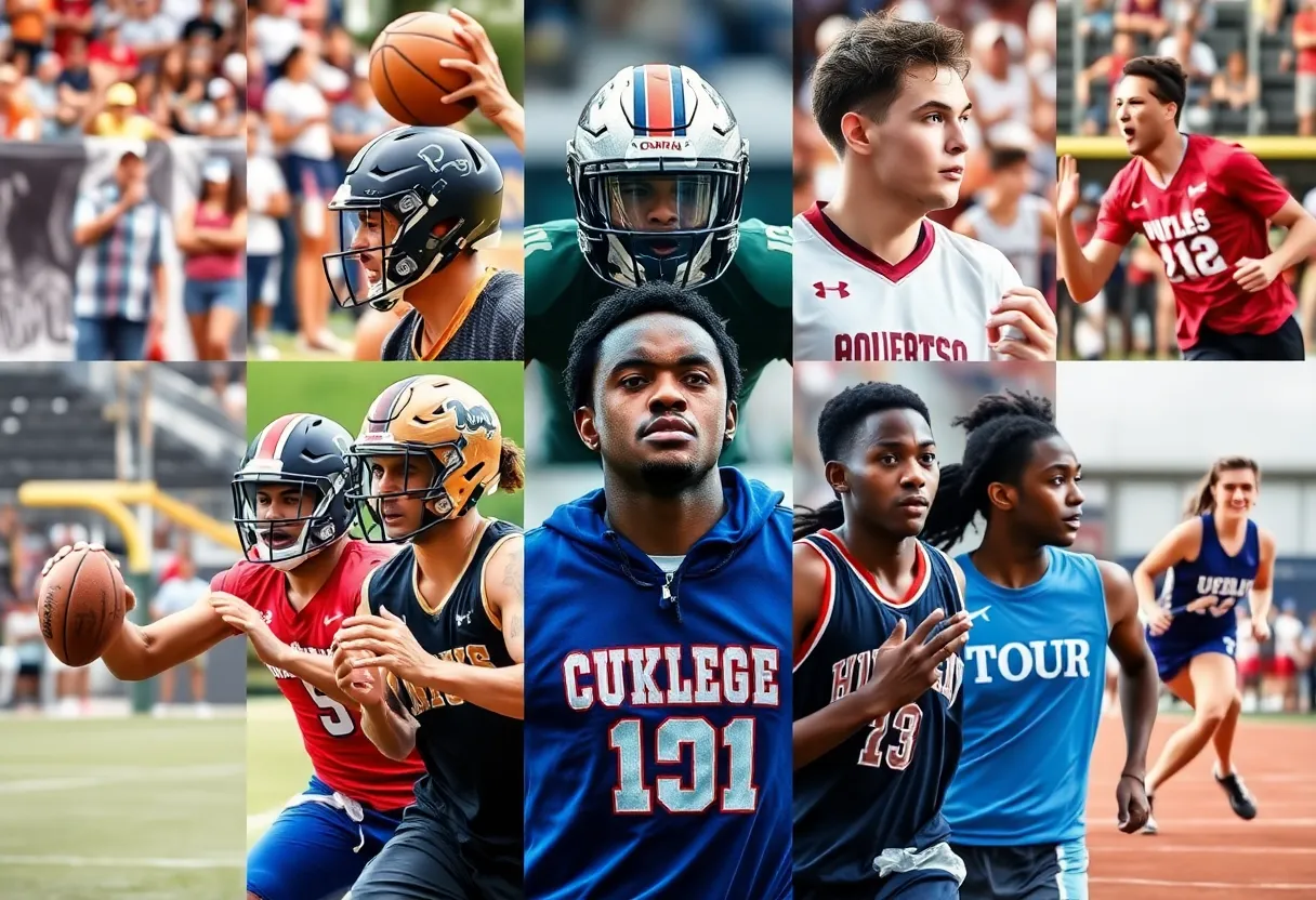 Collage of college athletes participating in various sports activities