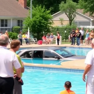 Emergency responders at a community pool with a submerged SUV