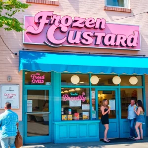 Exterior of Connie’s Frozen Custard shop with customers enjoying desserts.