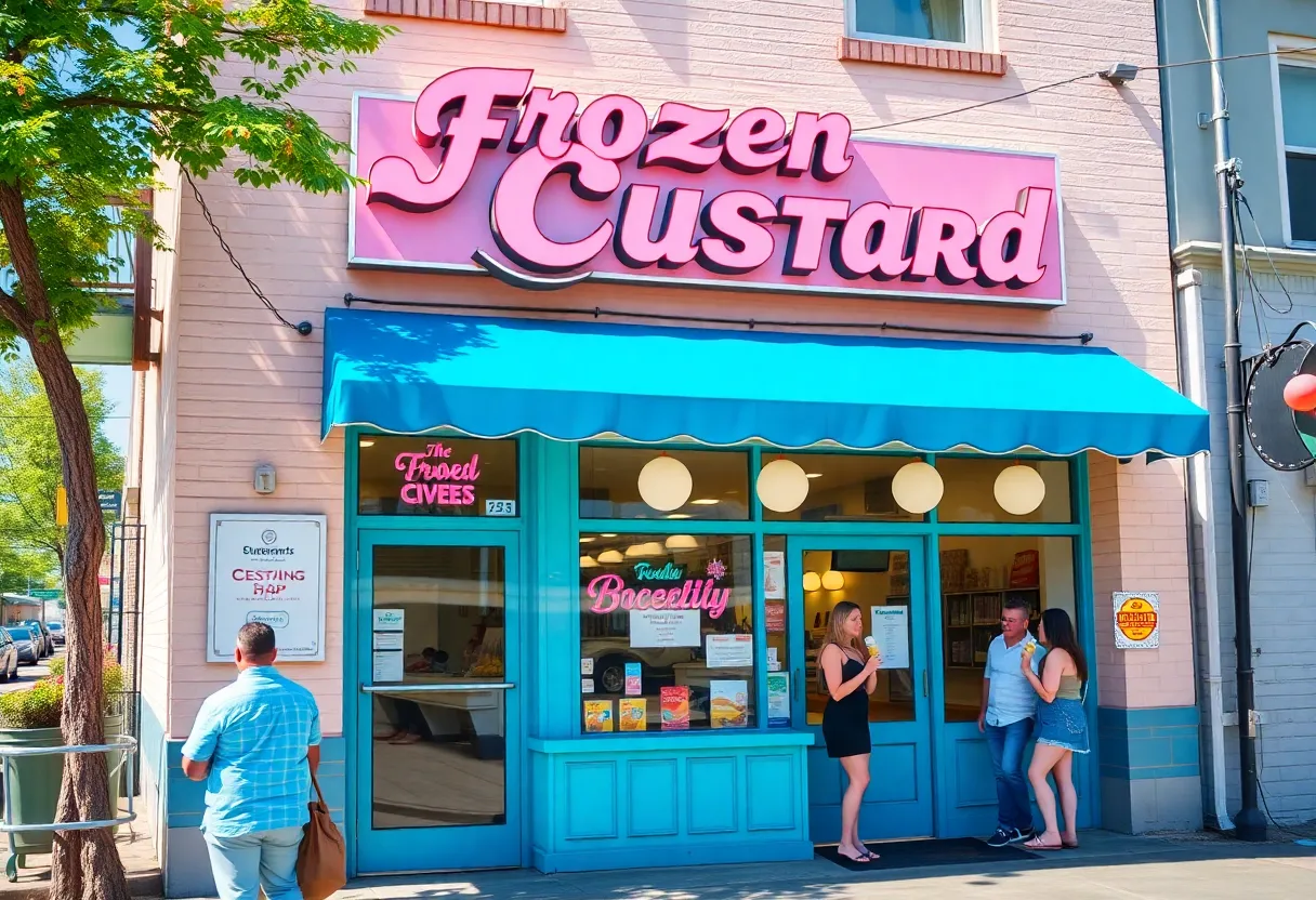 Exterior of Connie’s Frozen Custard shop with customers enjoying desserts.