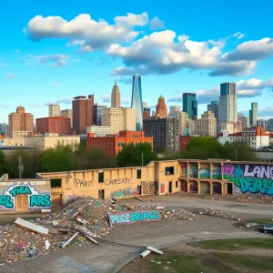 Demolished site of Houston's Graffiti Park showing faded murals.