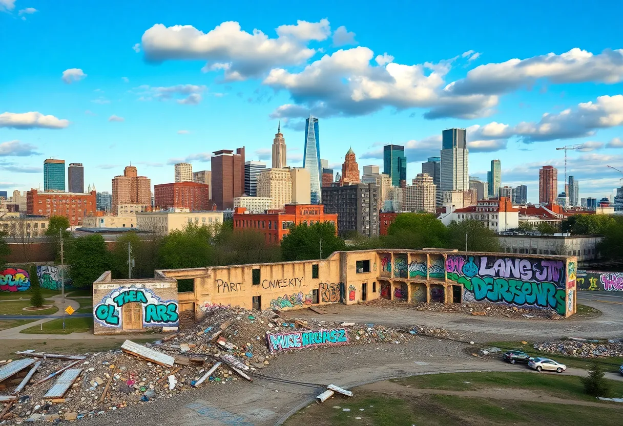 Demolished site of Houston's Graffiti Park showing faded murals.