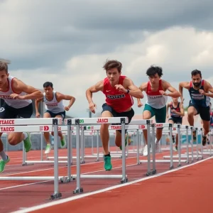A hurdler gracefully jumping over a hurdle during a race.