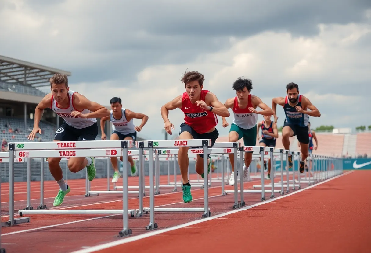 A hurdler gracefully jumping over a hurdle during a race.