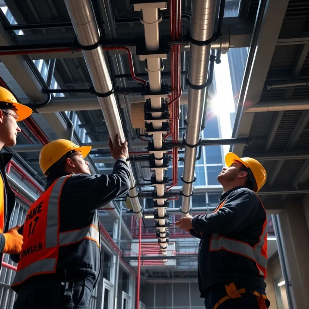 Technicians installing fire sprinkler systems in Houston
