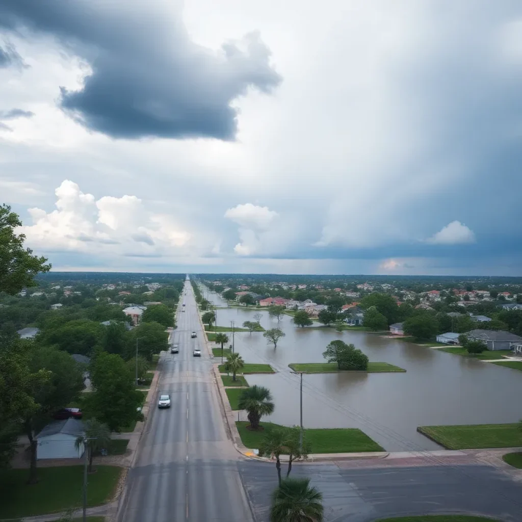 Aerial view of flooded streets amidst severe storms in Southeast Texas