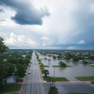 Aerial view of flooded streets amidst severe storms in Southeast Texas