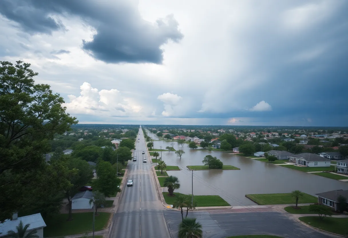 Aerial view of flooded streets amidst severe storms in Southeast Texas