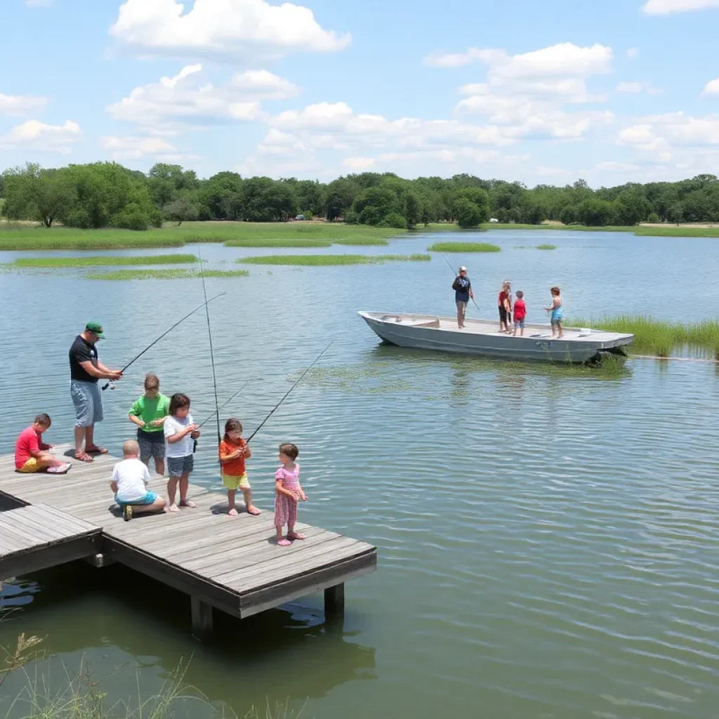 Families enjoying Free Fishing Day in Texas by the lake